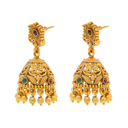 Traditional Indian Temple jewellery inspired Matte Gold-Plated Medium Size Jhumka Earrings with Kundan & Pearl for (Brides) Women (SJE.312)