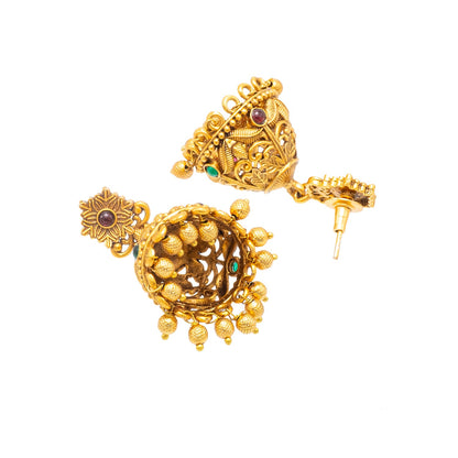 Traditional Indian Temple jewellery inspired Matte Gold-Plated Medium Size Jhumka Earrings with Kundan & Pearl for (Brides) Women (SJE.312)