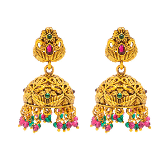 Traditional Indian Temple jewellery inspired Matte Gold-Plated Medium Size Jhumka Earrings with Kundan & Pearl for (Brides) Women - Peacock Design (SJE.313)