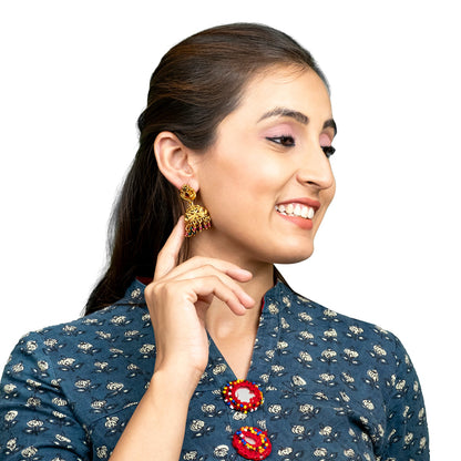 Traditional Indian Temple jewellery inspired Matte Gold-Plated Medium Size Jhumka Earrings with Kundan & Pearl for (Brides) Women - Peacock Design (SJE.313)