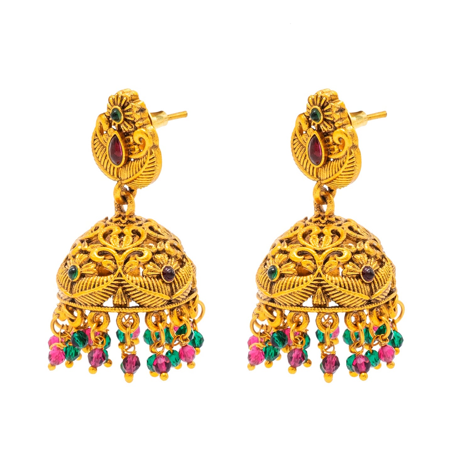 Traditional Indian Temple jewellery inspired Matte Gold-Plated Medium Size Jhumka Earrings with Kundan & Pearl for (Brides) Women - Peacock Design (SJE.313)
