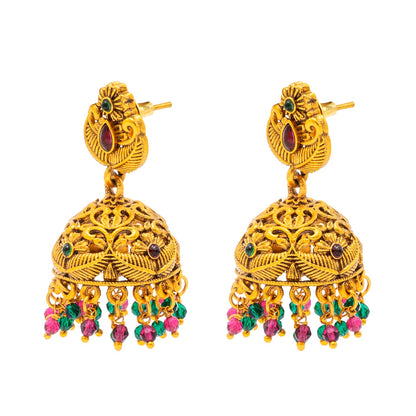 Traditional Indian Temple jewellery inspired Matte Gold-Plated Medium Size Jhumka Earrings with Kundan & Pearl for (Brides) Women - Peacock Design (SJE.313)