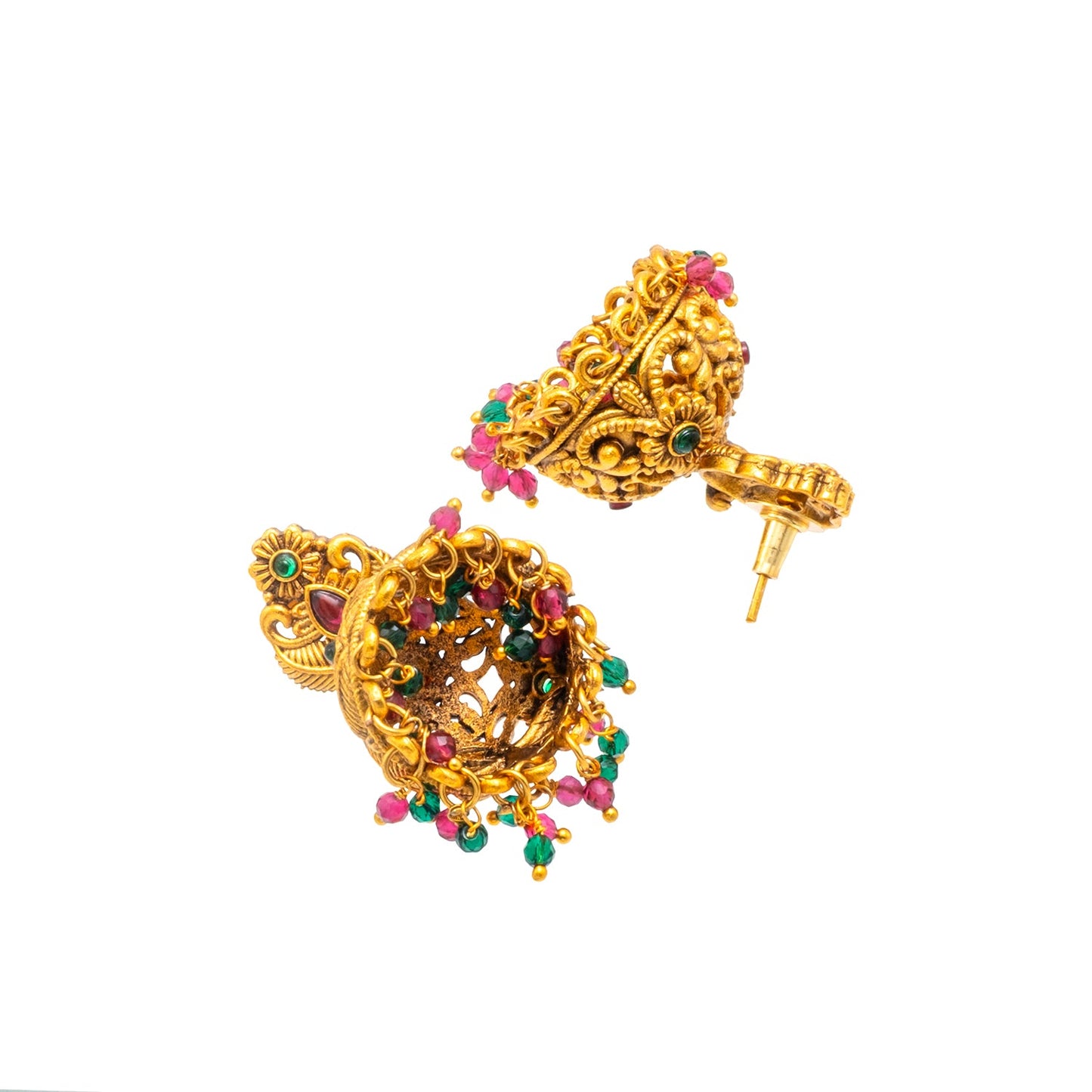Traditional Indian Temple jewellery inspired Matte Gold-Plated Medium Size Jhumka Earrings with Kundan & Pearl for (Brides) Women - Peacock Design (SJE.313)