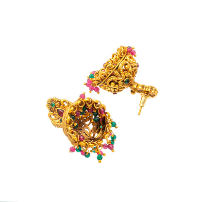 Traditional Indian Temple jewellery inspired Matte Gold-Plated Medium Size Jhumka Earrings with Kundan & Pearl for (Brides) Women - Peacock Design (SJE.313)