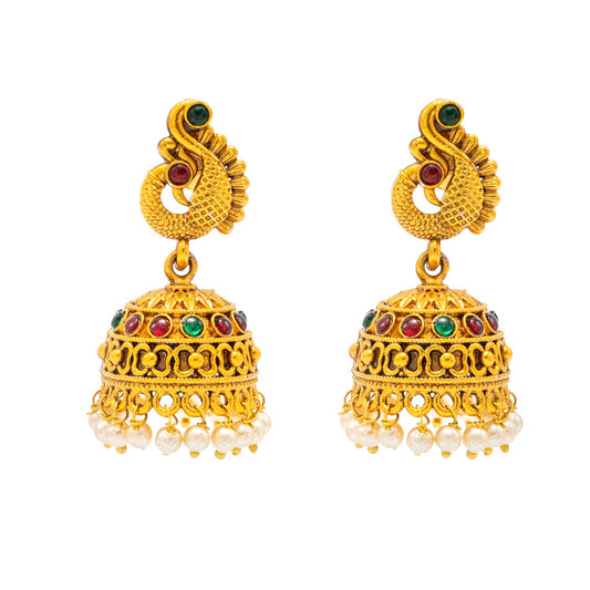 Traditional Indian Temple jewellery inspired Matte Gold-Plated Medium Sized Jhumka Earrings with Kundan & Pearl for (Brides) Women - Peacock Design (SJE.314)