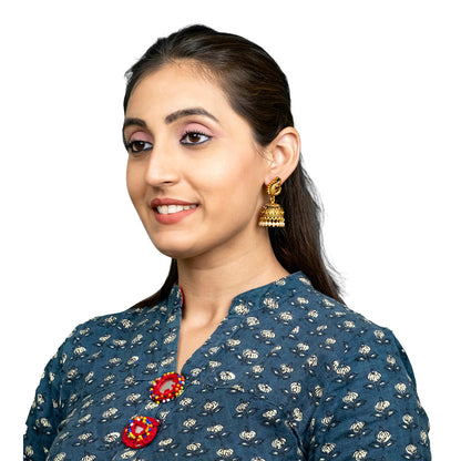 Traditional Indian Temple jewellery inspired Matte Gold-Plated Medium Sized Jhumka Earrings with Kundan & Pearl for (Brides) Women - Peacock Design (SJE.314)