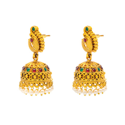 Traditional Indian Temple jewellery inspired Matte Gold-Plated Medium Sized Jhumka Earrings with Kundan & Pearl for (Brides) Women - Peacock Design (SJE.314)