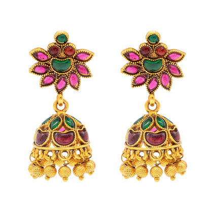 Traditional Indian Temple jewellery inspired Matte Gold-Plated Medium Size Jhumka Earrings with Kundan & Pearl for (Brides) Women (SJE.315)