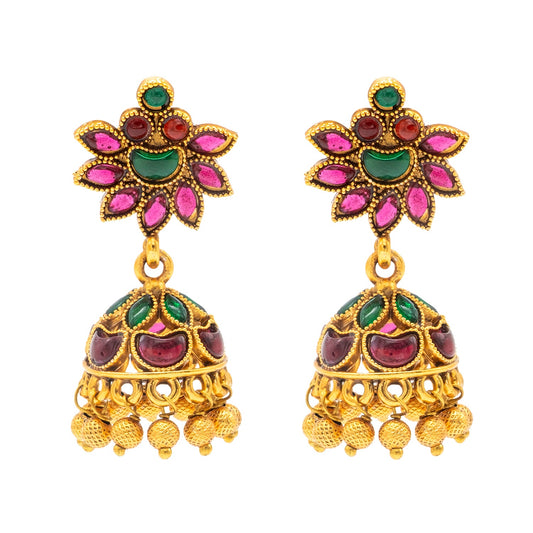 Traditional Indian Temple jewellery inspired Matte Gold-Plated Medium Size Jhumka Earrings with Kundan & Pearl for (Brides) Women (SJE.315)