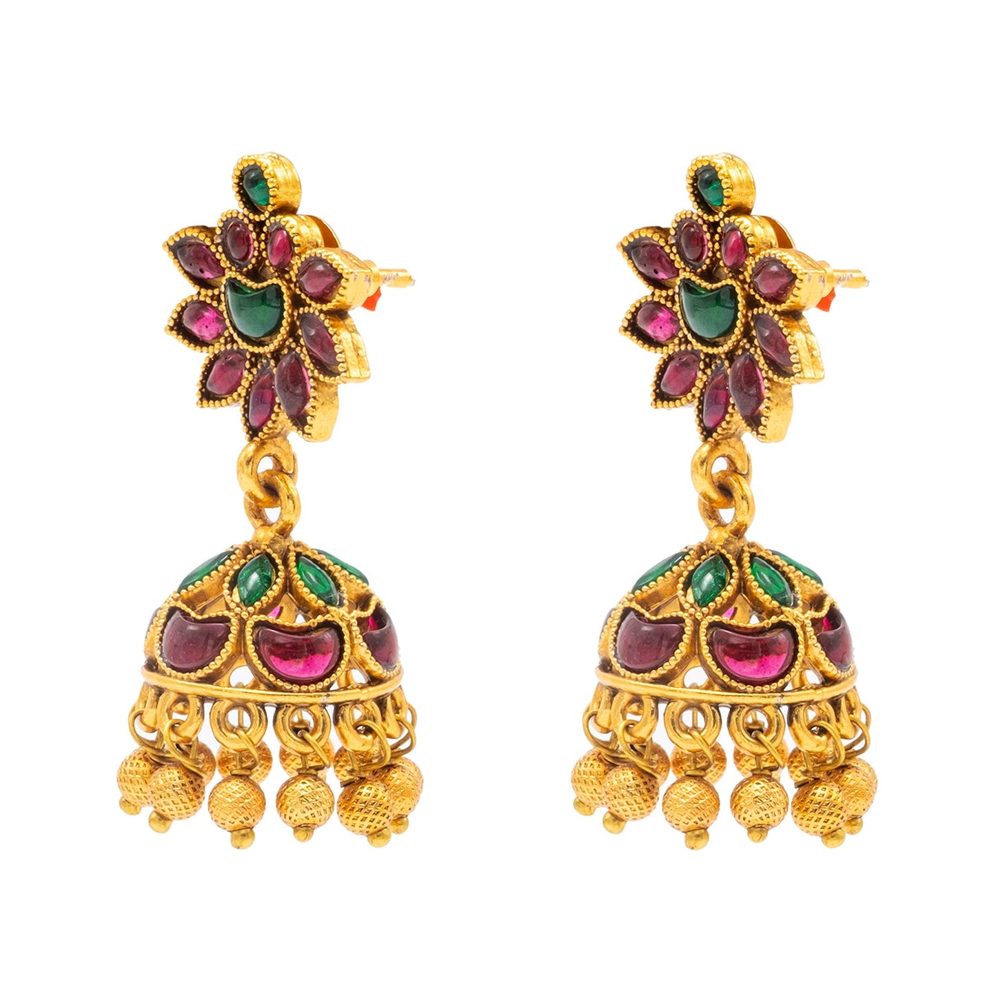 Traditional Indian Temple jewellery inspired Matte Gold-Plated Medium Size Jhumka Earrings with Kundan & Pearl for (Brides) Women (SJE.315)