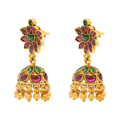 Traditional Indian Temple jewellery inspired Matte Gold-Plated Medium Size Jhumka Earrings with Kundan & Pearl for (Brides) Women (SJE.315)
