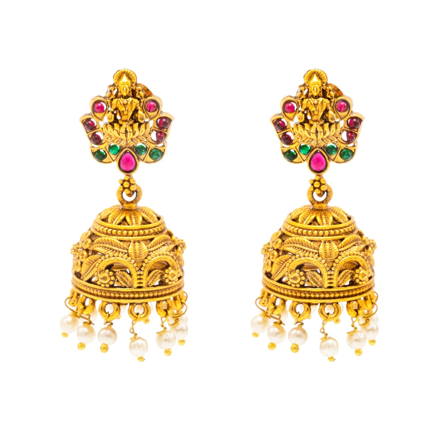 Traditional Indian Temple jewellery inspired Matte Gold-Plated Jhumka Medium Size Earrings with Kundan & Pearl for (Brides) Women - Laxmi Design (SJE.316)