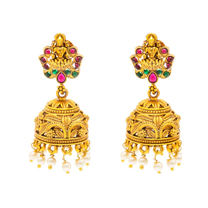 Traditional Indian Temple jewellery inspired Matte Gold-Plated Jhumka Medium Size Earrings with Kundan & Pearl for (Brides) Women - Laxmi Design (SJE.316)