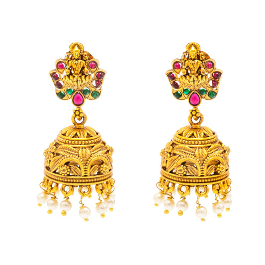 Traditional Indian Temple jewellery inspired Matte Gold-Plated Jhumka Medium Size Earrings with Kundan & Pearl for (Brides) Women - Laxmi Design (SJE.316)