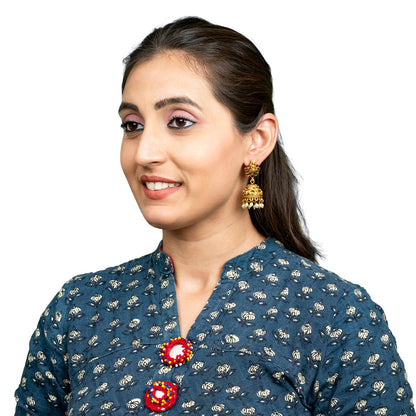 Traditional Indian Temple jewellery inspired Matte Gold-Plated Jhumka Medium Size Earrings with Kundan & Pearl for (Brides) Women - Laxmi Design (SJE.316)