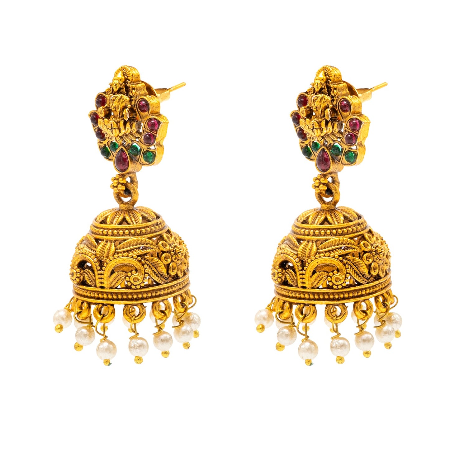 Traditional Indian Temple jewellery inspired Matte Gold-Plated Jhumka Medium Size Earrings with Kundan & Pearl for (Brides) Women - Laxmi Design (SJE.316)