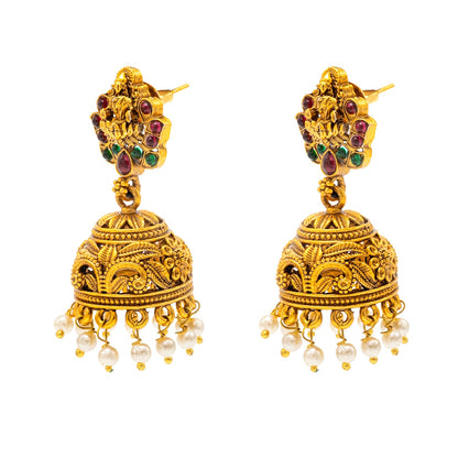 Traditional Indian Temple jewellery inspired Matte Gold-Plated Jhumka Medium Size Earrings with Kundan & Pearl for (Brides) Women - Laxmi Design (SJE.316)