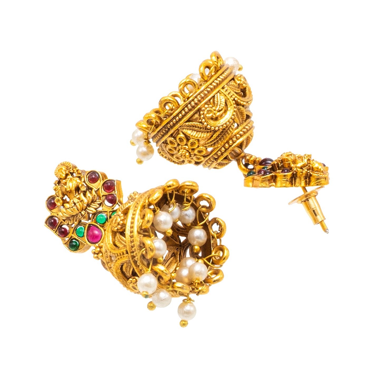 Traditional Indian Temple jewellery inspired Matte Gold-Plated Jhumka Medium Size Earrings with Kundan & Pearl for (Brides) Women - Laxmi Design (SJE.316)