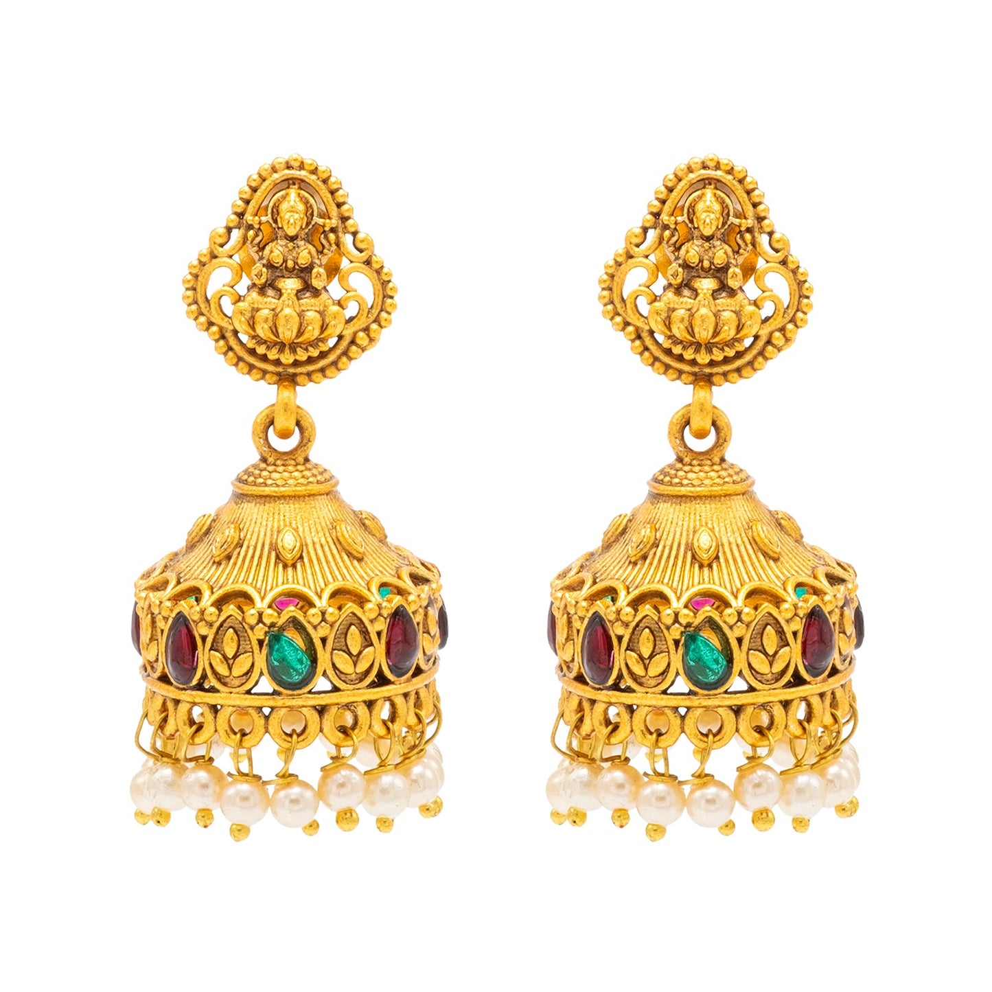 Traditional Indian Temple jewellery inspired Matte Gold-Plated Jhumka Medium Size Earrings with Kundan & Pearl for (Brides) Women - Laxmi Design (SJE.317)