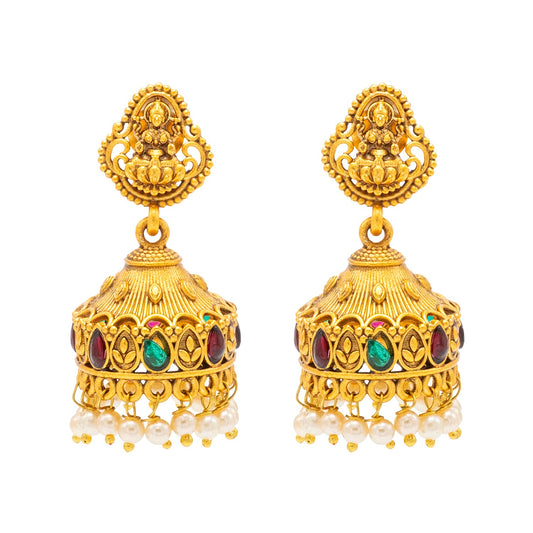 Traditional Indian Temple jewellery inspired Matte Gold-Plated Jhumka Medium Size Earrings with Kundan & Pearl for (Brides) Women - Laxmi Design (SJE.317)