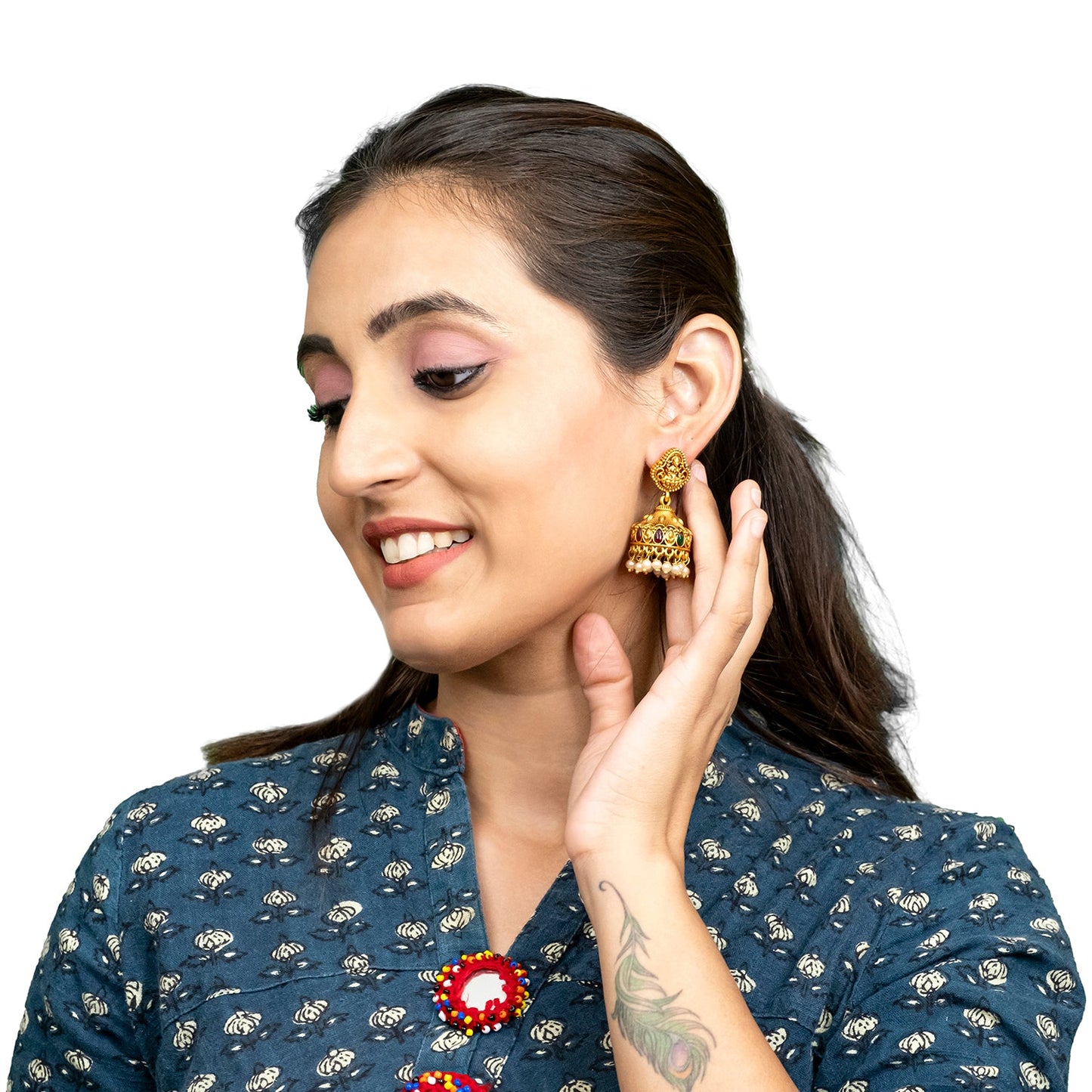 Traditional Indian Temple jewellery inspired Matte Gold-Plated Jhumka Medium Size Earrings with Kundan & Pearl for (Brides) Women - Laxmi Design (SJE.317)
