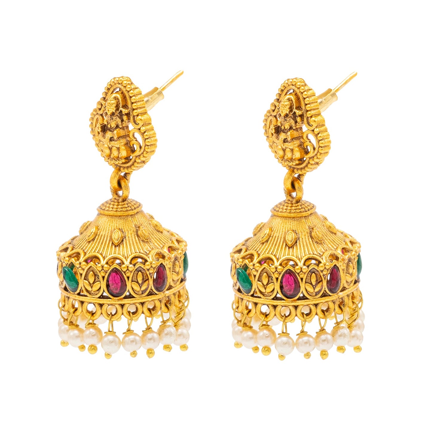 Traditional Indian Temple jewellery inspired Matte Gold-Plated Jhumka Medium Size Earrings with Kundan & Pearl for (Brides) Women - Laxmi Design (SJE.317)