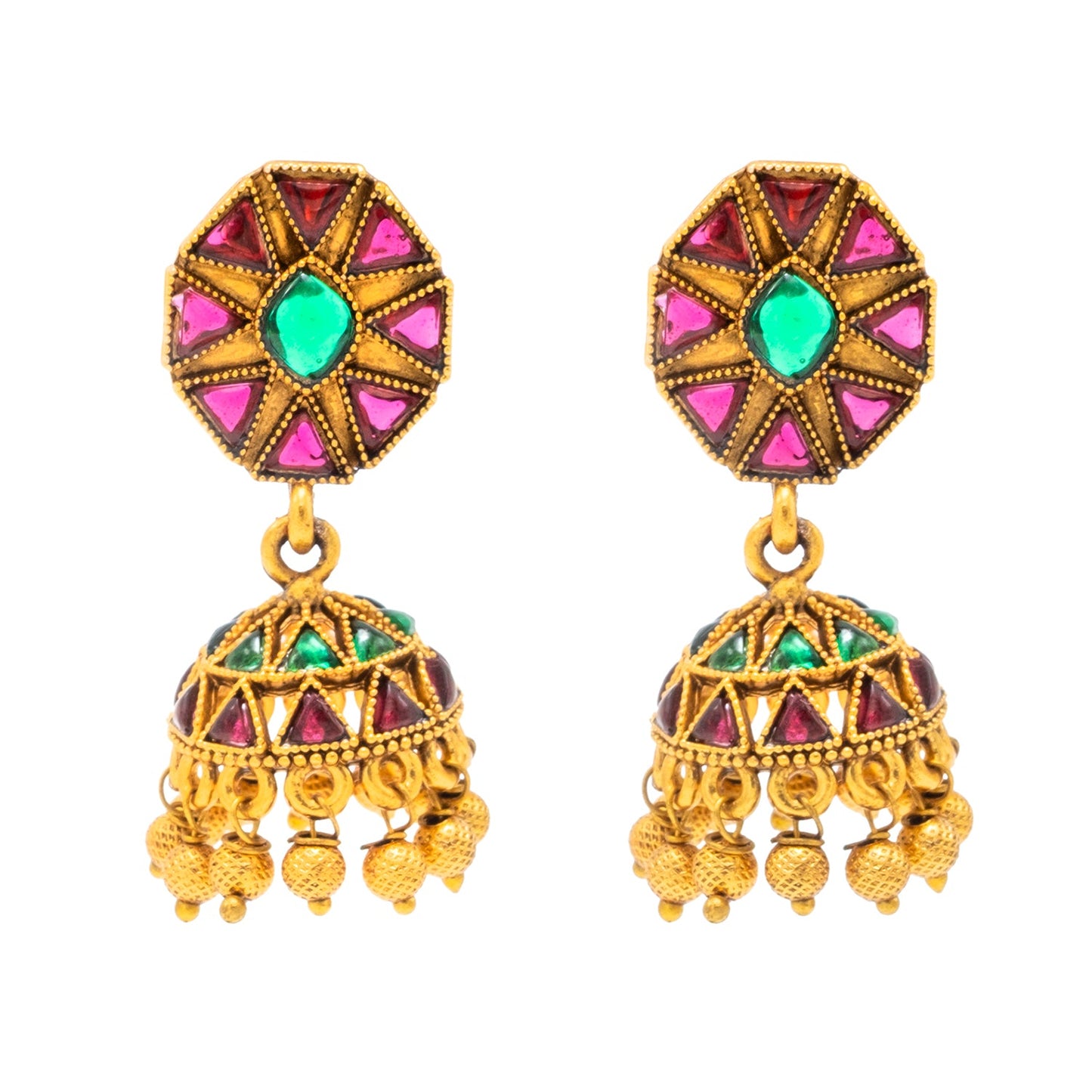 Traditional Indian Temple jewellery inspired Matte Medium size Gold-Plated Jhumka Medium Size Earrings with Kundan & Pearl for (Brides)(SJE.318)