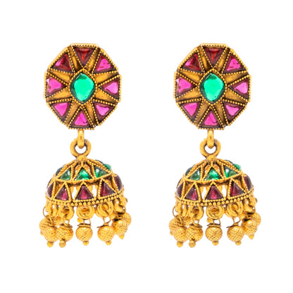 Traditional Indian Temple jewellery inspired Matte Medium size Gold-Plated Jhumka Medium Size Earrings with Kundan & Pearl for (Brides)(SJE.318)