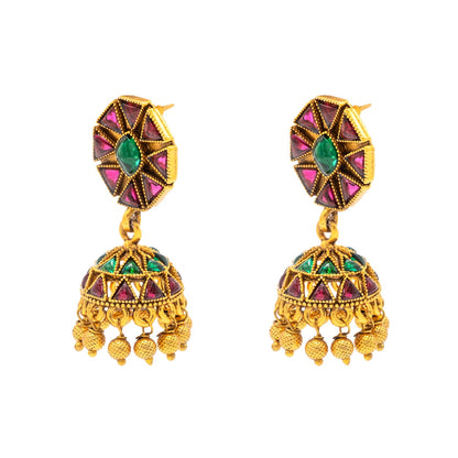Traditional Indian Temple jewellery inspired Matte Medium size Gold-Plated Jhumka Medium Size Earrings with Kundan & Pearl for (Brides)(SJE.318)