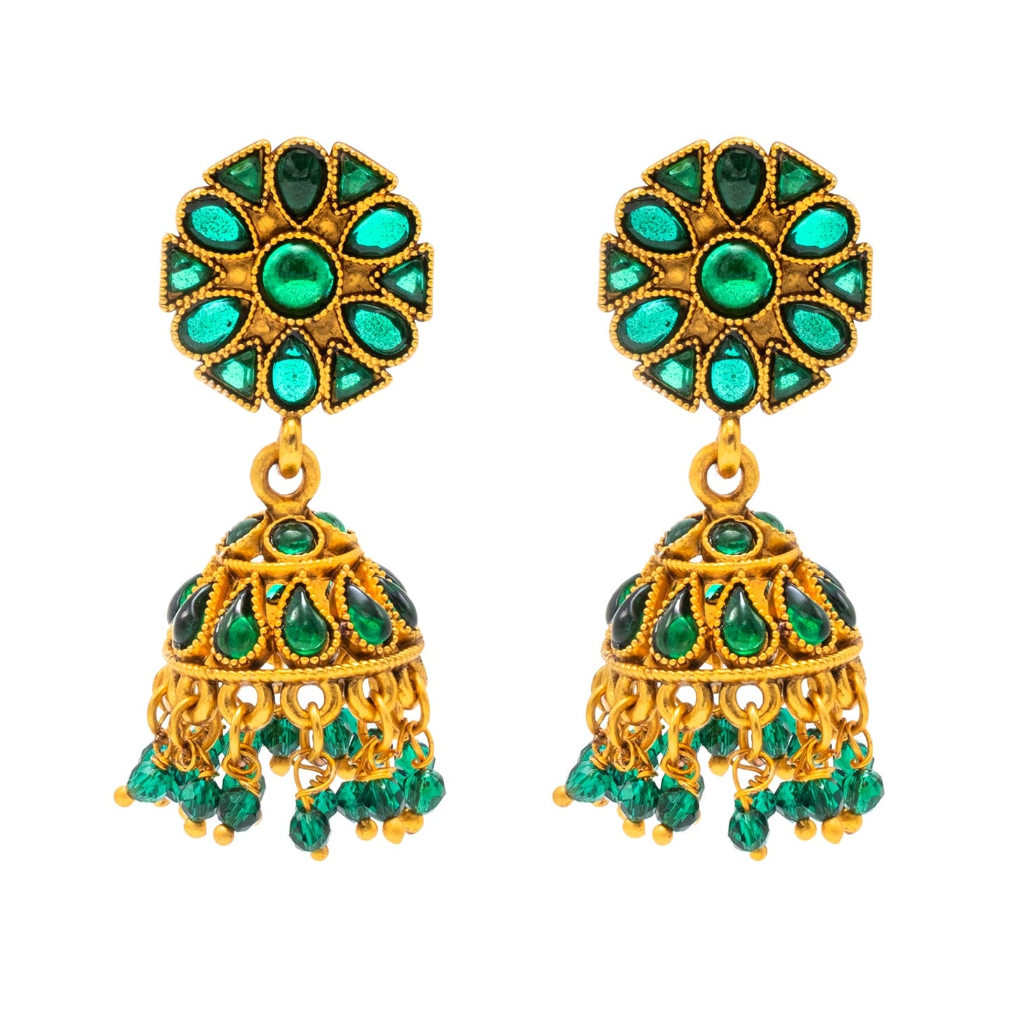 Traditional Indian Temple jewellery inspired Matte Medium size Gold-Plated Jhumka Medium Size Earrings with Kundan & Pearl for (Brides)(SJE.319_G)