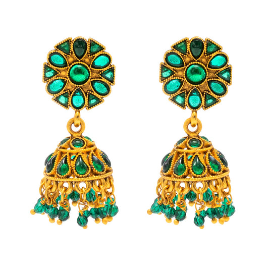 Traditional Indian Temple jewellery inspired Matte Medium size Gold-Plated Jhumka Medium Size Earrings with Kundan & Pearl for (Brides)(SJE.319_G)