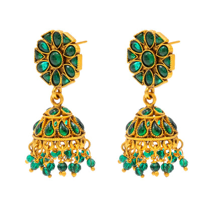 Traditional Indian Temple jewellery inspired Matte Medium size Gold-Plated Jhumka Medium Size Earrings with Kundan & Pearl for (Brides)(SJE.319_G)