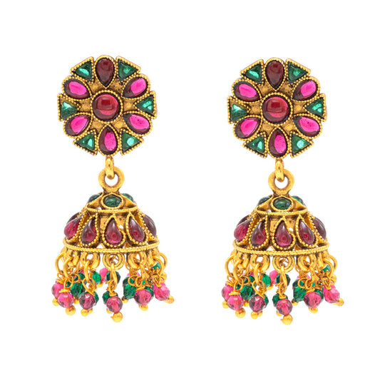 Traditional Indian Temple jewellery inspired Matte Medium size Gold-Plated Jhumka Medium Size Earrings with Kundan & Pearl for (Brides)(SJE.319_MT