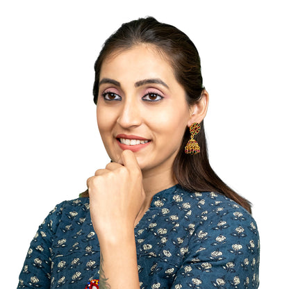 Traditional Indian Temple jewellery inspired Matte Medium size Gold-Plated Jhumka Medium Size Earrings with Kundan & Pearl for (Brides)(SJE.319_MT