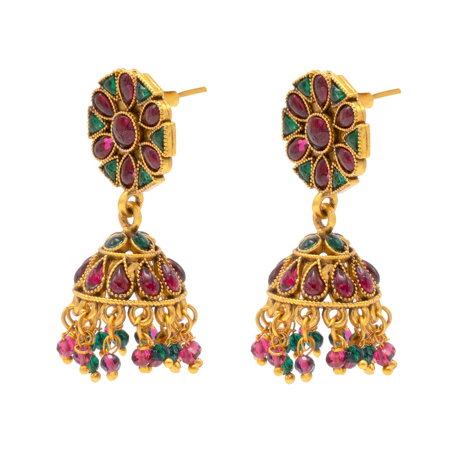 Traditional Indian Temple jewellery inspired Matte Medium size Gold-Plated Jhumka Medium Size Earrings with Kundan & Pearl for (Brides)(SJE.319_MT