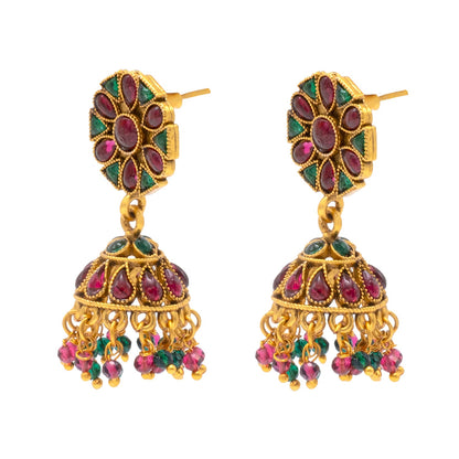 Traditional Indian Temple jewellery inspired Matte Medium size Gold-Plated Jhumka Medium Size Earrings with Kundan & Pearl for (Brides)(SJE.319_MT