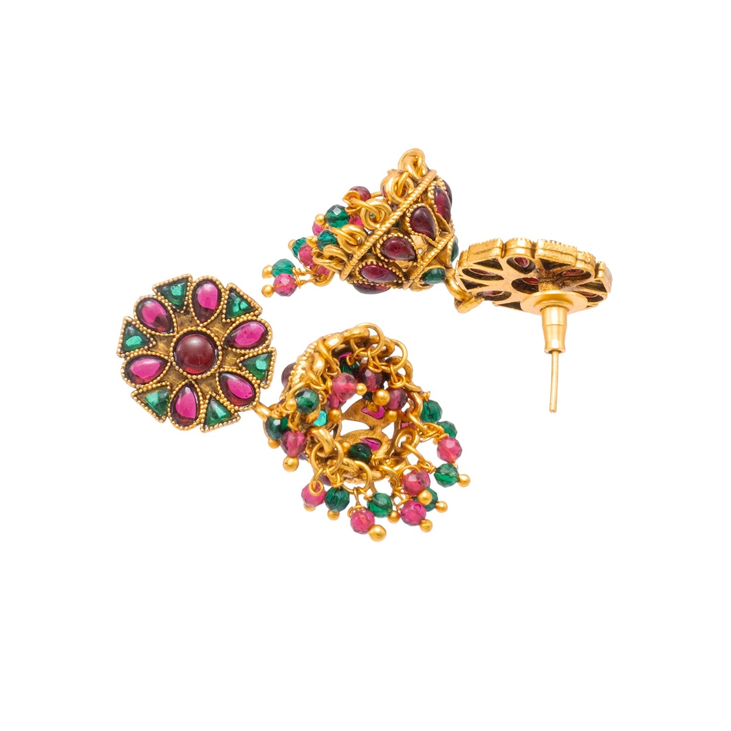 Traditional Indian Temple jewellery inspired Matte Medium size Gold-Plated Jhumka Medium Size Earrings with Kundan & Pearl for (Brides)(SJE.319_MT