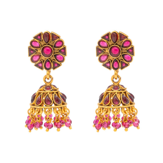 Traditional Indian Temple jewellery inspired Matte Medium size Gold-Plated Jhumka Medium Size Earrings with Kundan & Pearl for (Brides)(SJE.319_M)