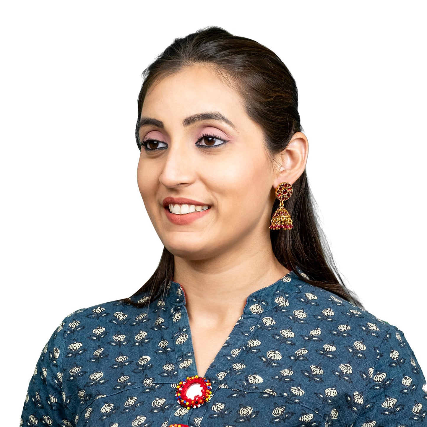 Traditional Indian Temple jewellery inspired Matte Medium size Gold-Plated Jhumka Medium Size Earrings with Kundan & Pearl for (Brides)(SJE.319_M)