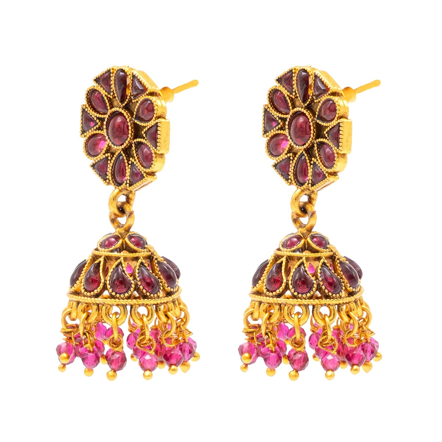 Traditional Indian Temple jewellery inspired Matte Medium size Gold-Plated Jhumka Medium Size Earrings with Kundan & Pearl for (Brides)(SJE.319_M)