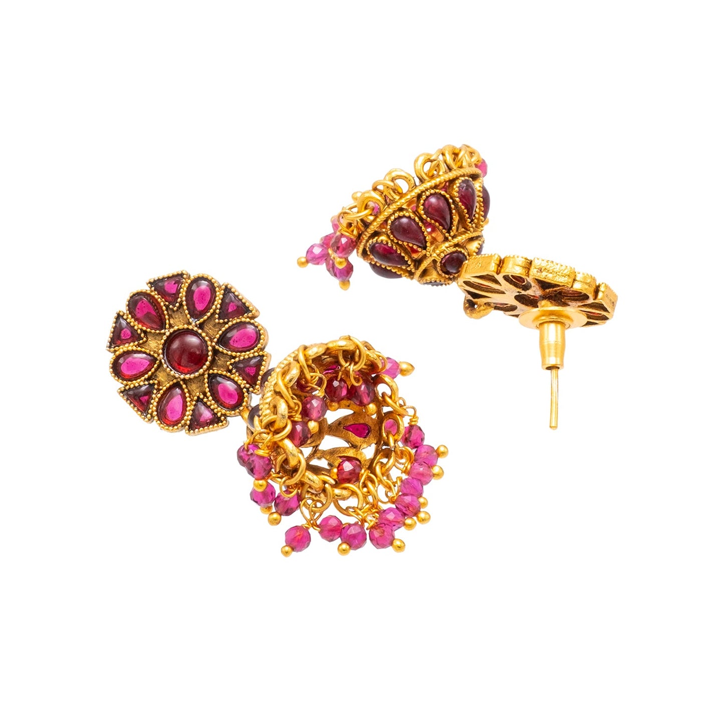 Traditional Indian Temple jewellery inspired Matte Medium size Gold-Plated Jhumka Medium Size Earrings with Kundan & Pearl for (Brides)(SJE.319_M)