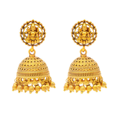Traditional Indian Temple jewellery inspired Matte Gold-Plated Jhumka Medium Size Earrings with Kundan & Pearl for (Brides) Women - Laxmi Design (SJE.320_D1)