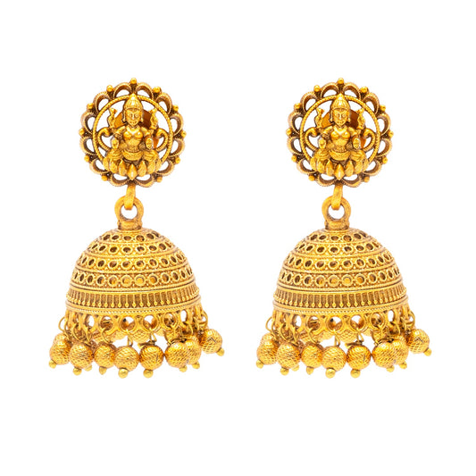 Traditional Indian Temple jewellery inspired Matte Gold-Plated Jhumka Medium Size Earrings with Kundan & Pearl for (Brides) Women - Laxmi Design (SJE.320_D1)