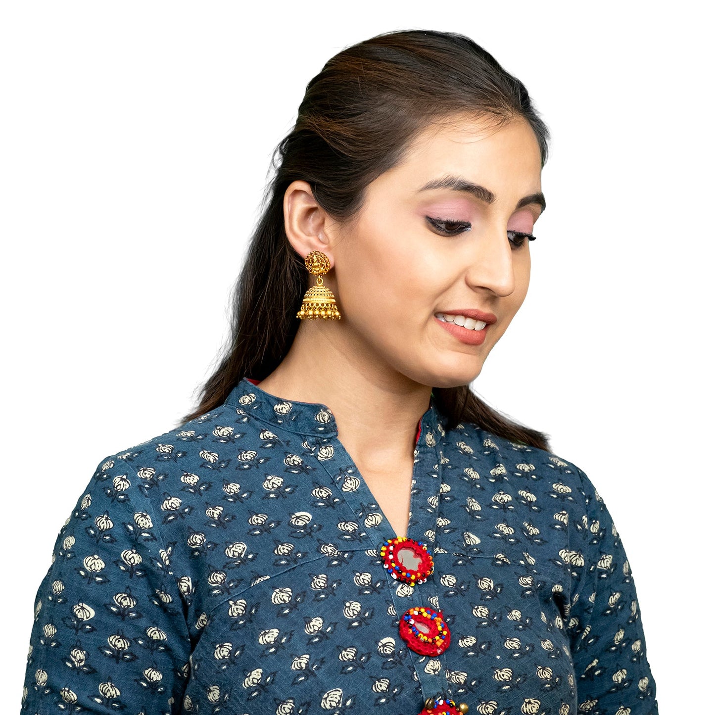 Traditional Indian Temple jewellery inspired Matte Gold-Plated Jhumka Medium Size Earrings with Kundan & Pearl for (Brides) Women - Laxmi Design (SJE.320_D1)