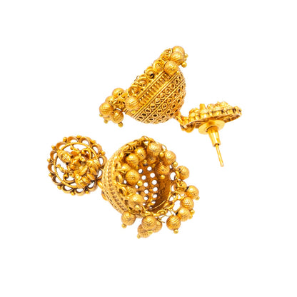 Traditional Indian Temple jewellery inspired Matte Gold-Plated Jhumka Medium Size Earrings with Kundan & Pearl for (Brides) Women - Laxmi Design (SJE.320_D1)