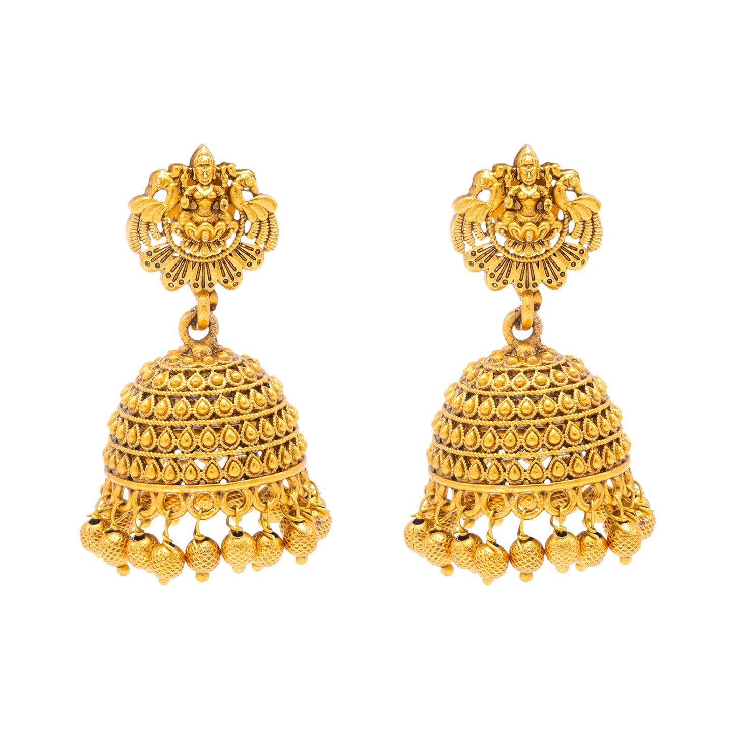 Temple Design Matte Gold Jhumka Earrings Combo (Set of 2) | Kundan & Pearl Traditional Bridal Jewellery for Women - SJEC_89
