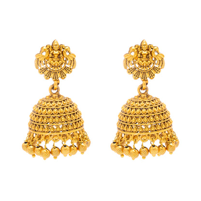 Temple Design Matte Gold Jhumka Earrings Combo (Set of 2) | Kundan & Pearl Traditional Bridal Jewellery for Women - SJEC_89