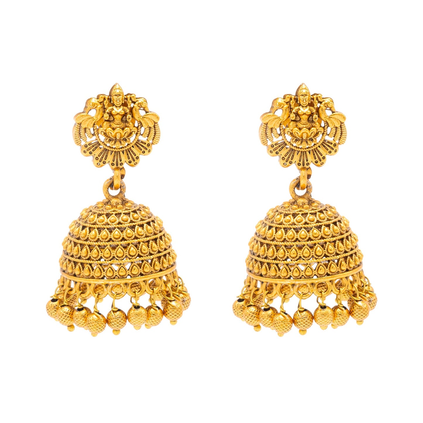 Traditional Indian Temple jewellery inspired Matte Gold-Plated Jhumka Medium Size Earrings with Kundan & Pearl for (Brides) Women - Laxmi Design (SJE.320_D2)