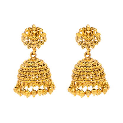 Traditional Indian Temple jewellery inspired Matte Gold-Plated Jhumka Medium Size Earrings with Kundan & Pearl for (Brides) Women - Laxmi Design (SJE.320_D2)