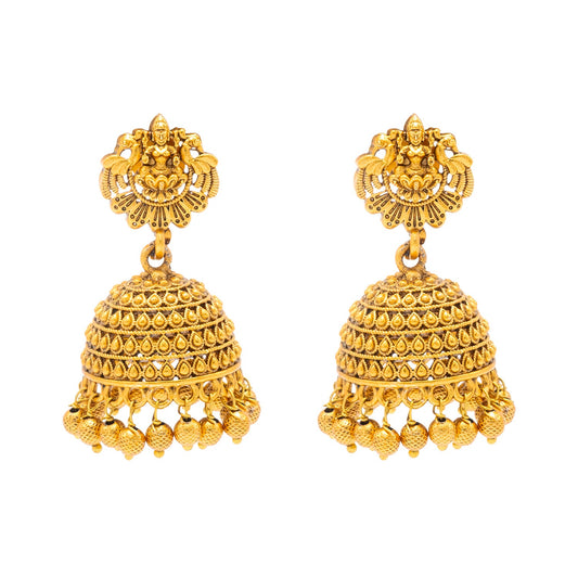 Traditional Indian Temple jewellery inspired Matte Gold-Plated Jhumka Medium Size Earrings with Kundan & Pearl for (Brides) Women - Laxmi Design (SJE.320_D2)